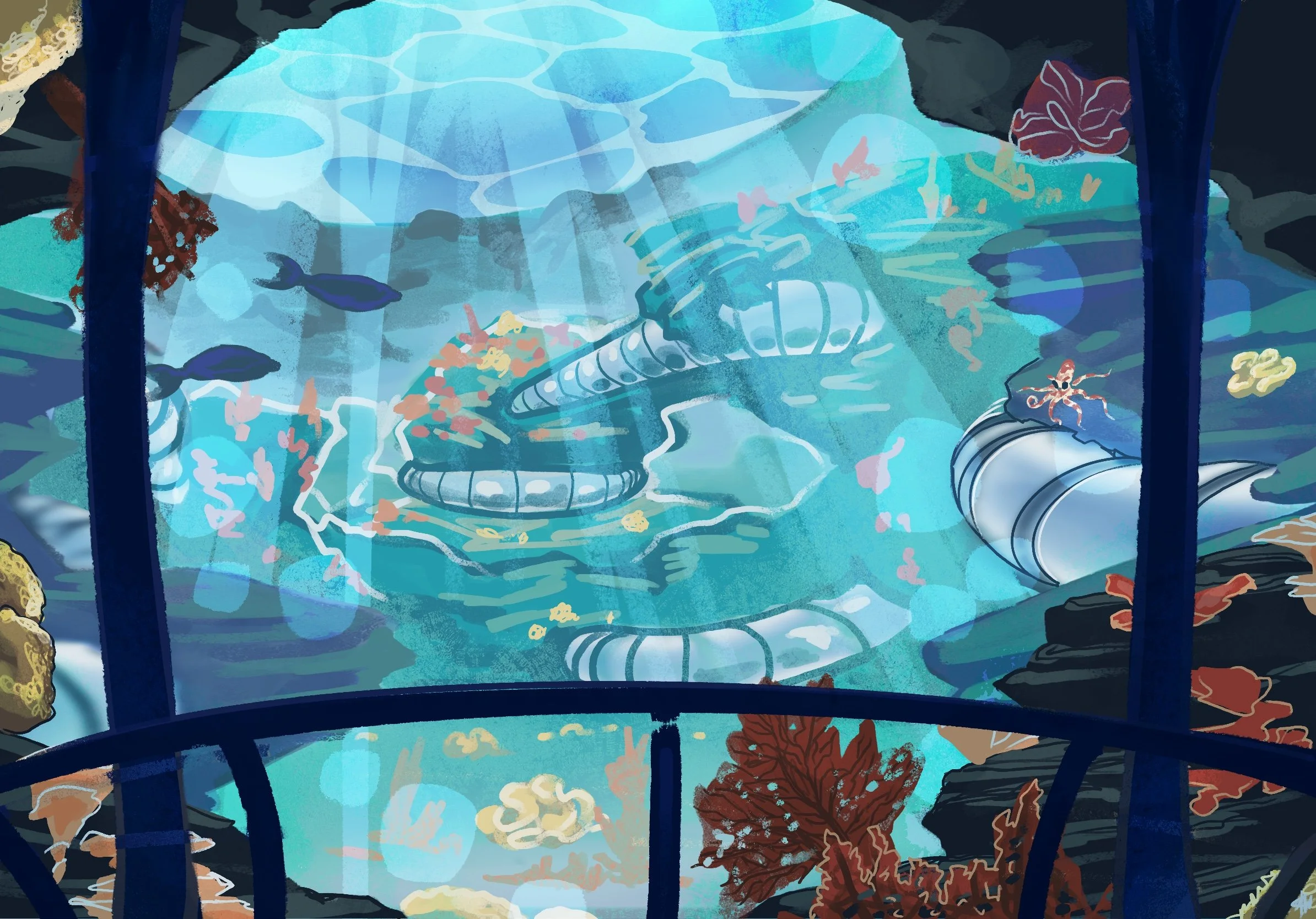 Underwater scene with coral, fish, and a large conch shell seen through a glass window of an underwater tunnel.