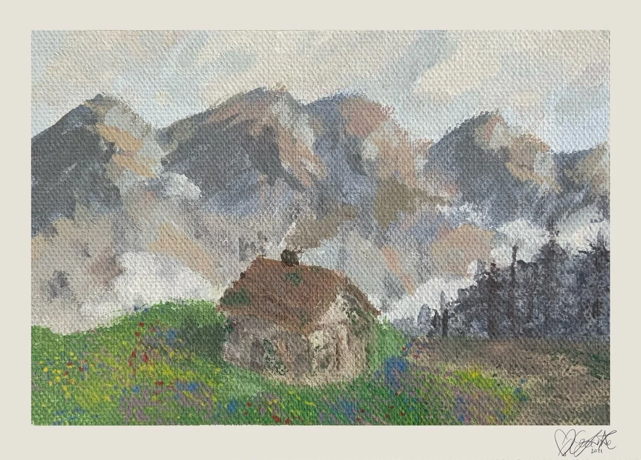 Painting of a cozy cabin on a grassy hill with wildflowers, surrounded by a misty mountainous landscape.