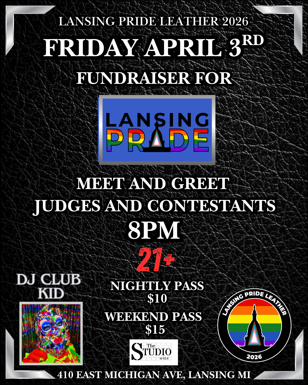 Friday, April 3, Meet and Greet & Fundraiser starts at 8pm, Raffle Drawing at 11pm, Contestant/Judge Introductions following drawing