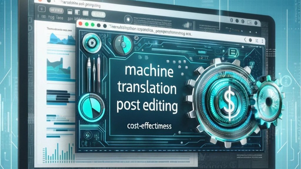 コンピュータ画面に「machine translation post editing」と書かれ、サイバーなデザインと歯車、ドルマークのアイコンがある技術的なイメージ