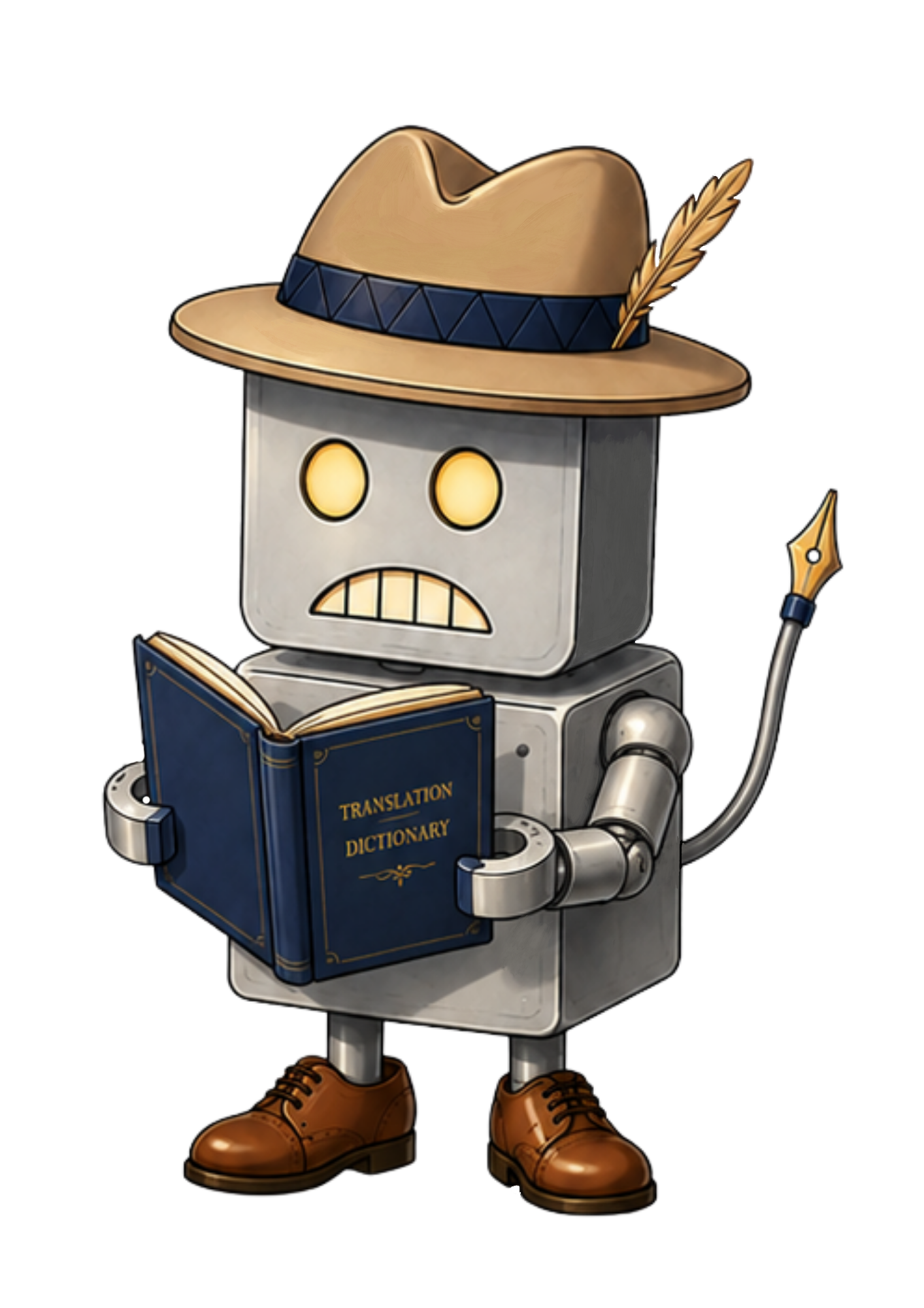 ロボットが帽子と革靴を履いて、読書用の本を持ち、ペンを持ちながら、翻訳用の辞書を持つキャラクター