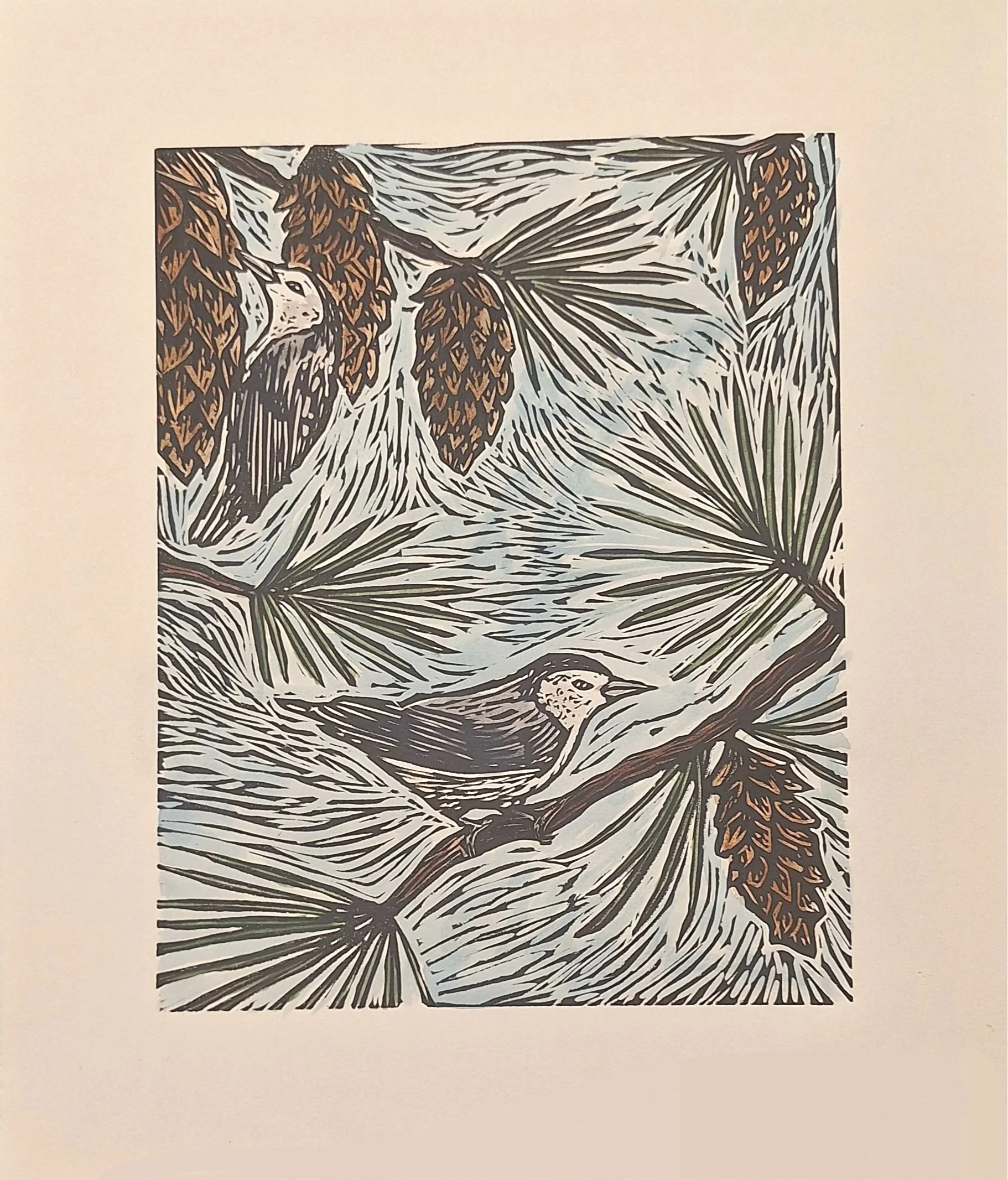 "Nuthatches" 8"x10" linocut. Hand carved and printed with 12"x14" BFK lightweight paper. Watercolor is painted onto the print to add color.