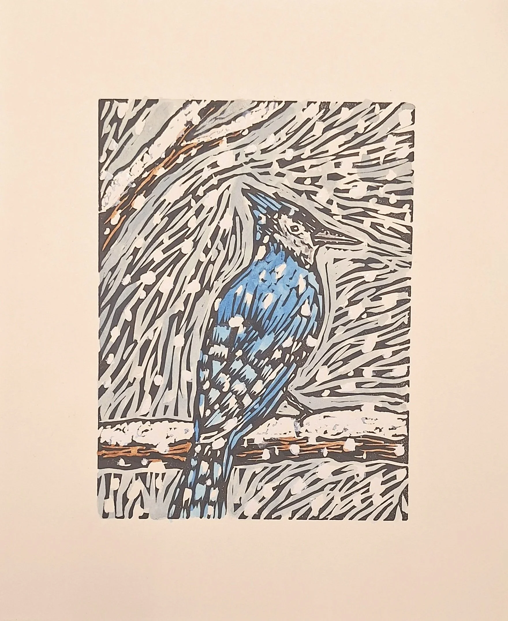 "Snowflakes" 6"x8" linocut. Hand carved and printed with 10"x12" BFK lightweight paper. Watercolor is painted onto the print to add color.