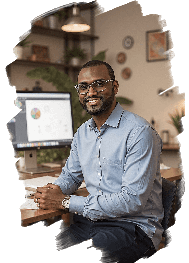 A smiling man wearing glasses and a light blue shirt sitting at a desk in an office, with a computer monitor displaying graphs in the background.