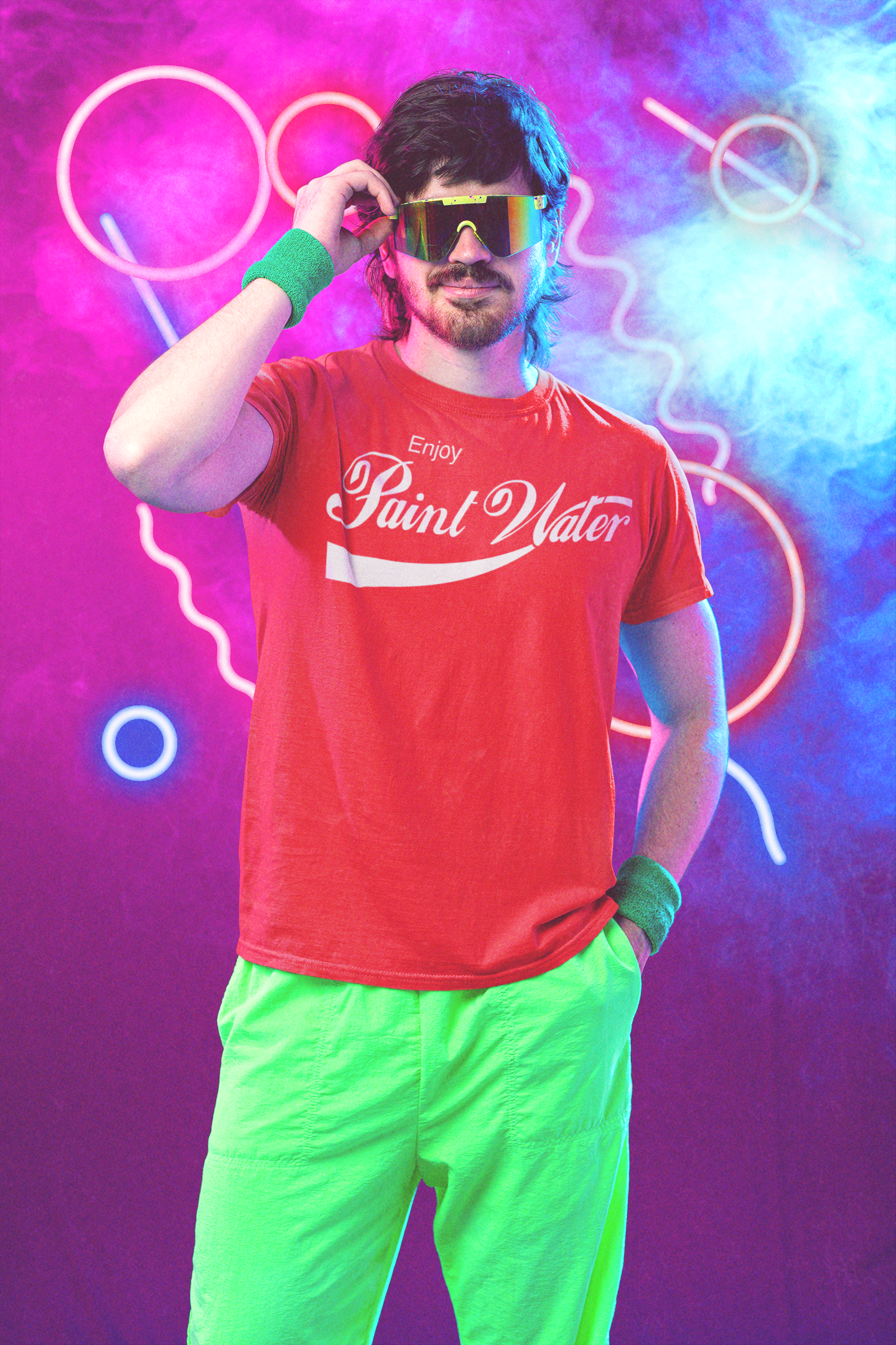 A man with a mullet and blade sunglasses wearing a red shirt with a knock-off Coca Cola logo that reads "Enjoy Paint Water."
