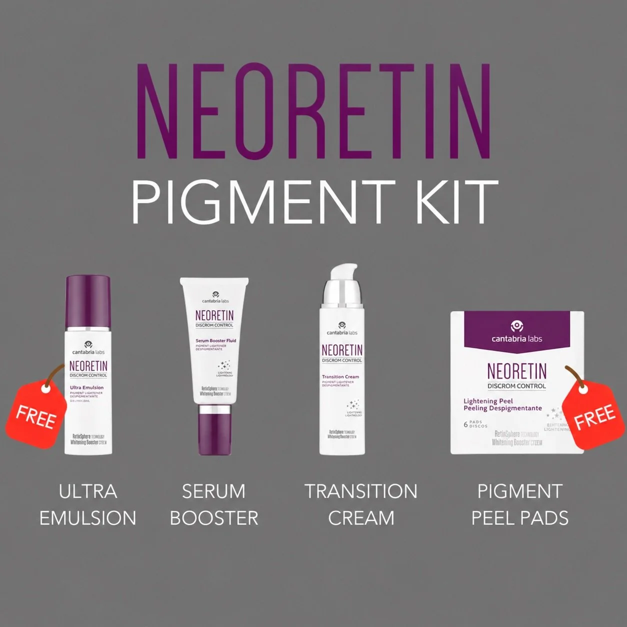 NEORETIN Discrom - Pigment Kit (Ultra Emulsion, Serum Boost Fluid, Pigment Peel Pads, Transition Cream)