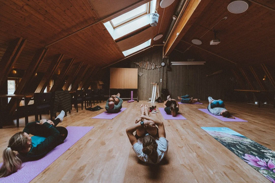 People doing yoga in a spacious attic with wooden walls and ceiling, large skylight, and wooden flooring.