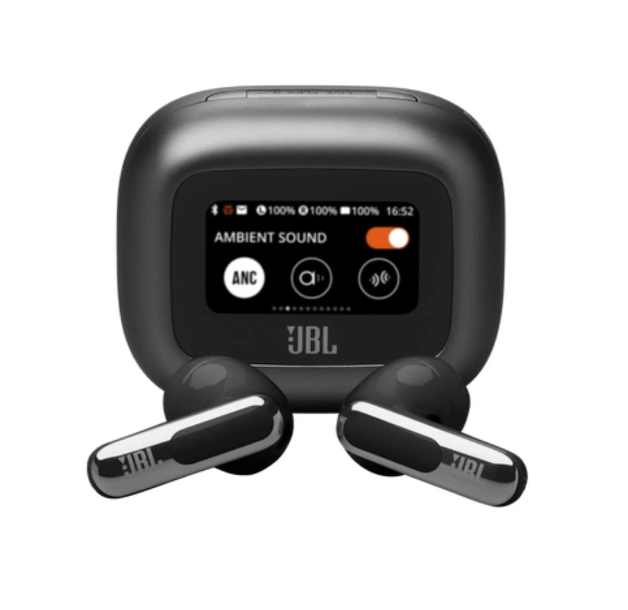Black wireless earbuds with a charging case displaying JBL logo and settings for ambient sound on an electronic screen.