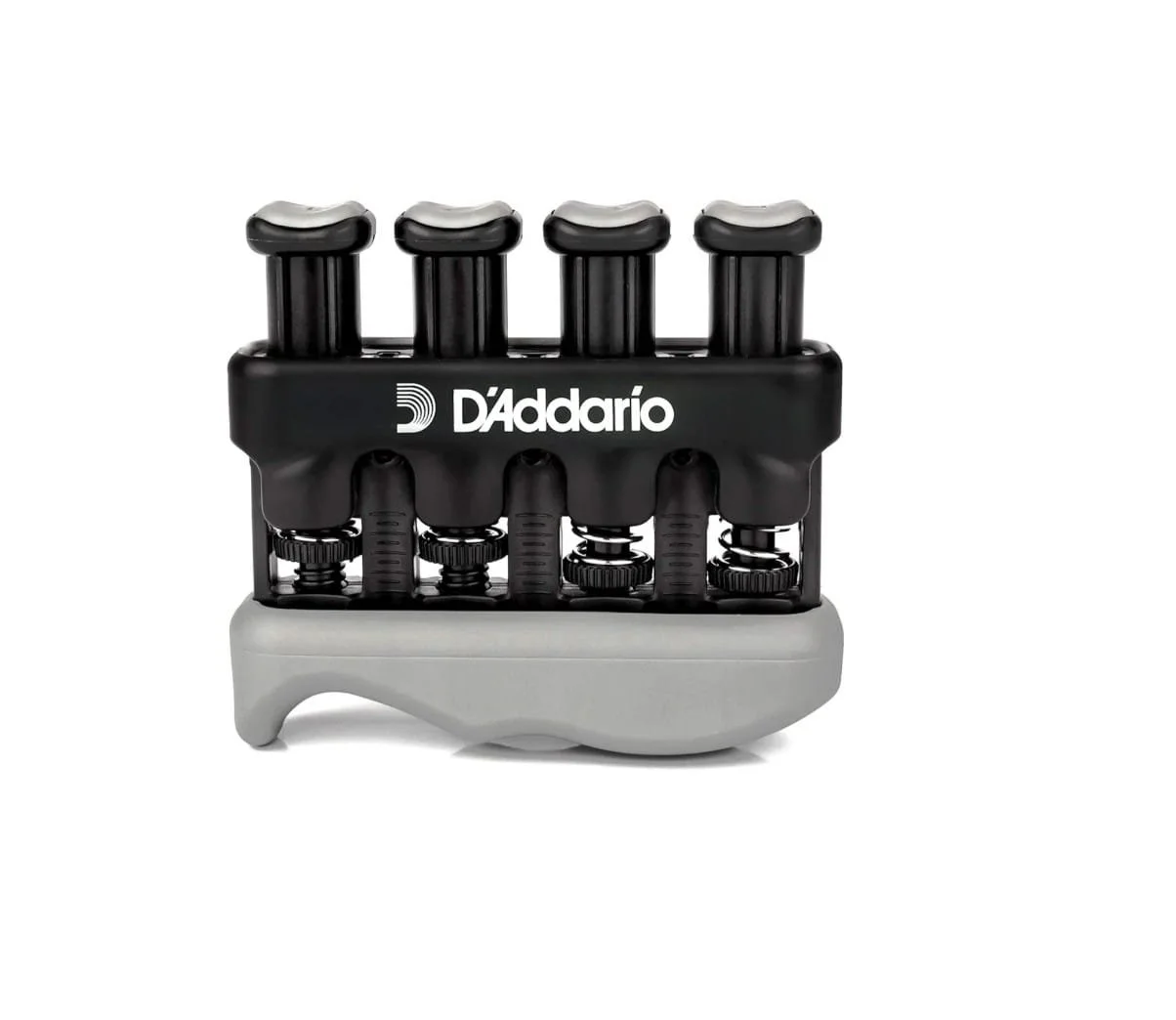 A black and gray D'Addario guitar string winder with multiple tuning peg attachments, typically used for tuning and changing guitar strings.