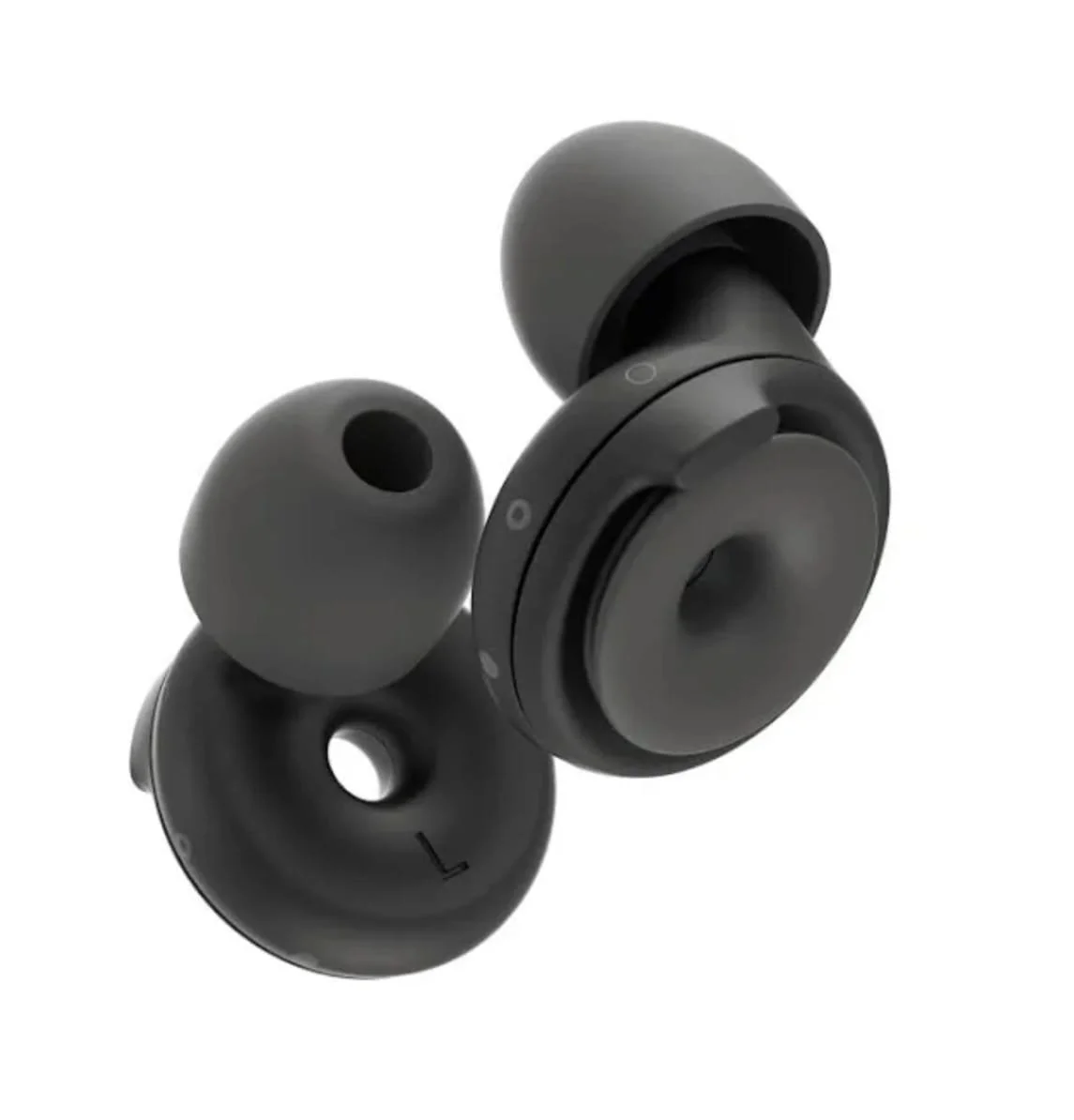 Wireless black earbuds with charging case on a white background.
