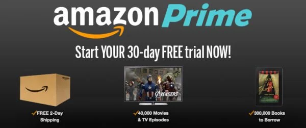 Amazon Prime advertisement promoting a 30-day free trial with icons of a shipping box, Avengers movie, and a book.