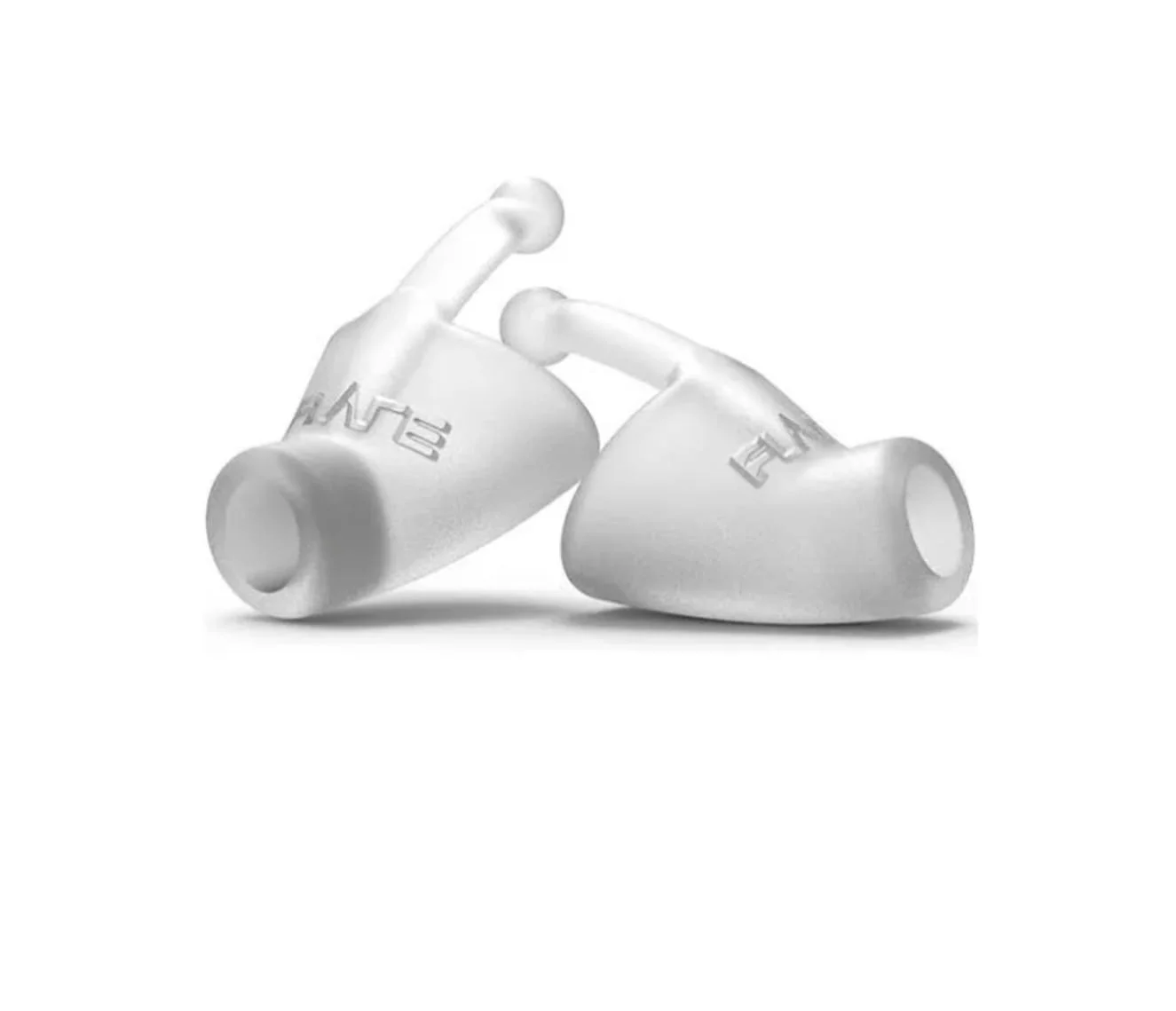 White in-ear earplugs with a brand logo, arranged with one earplug lying on its side and the other standing upright, on a white background.