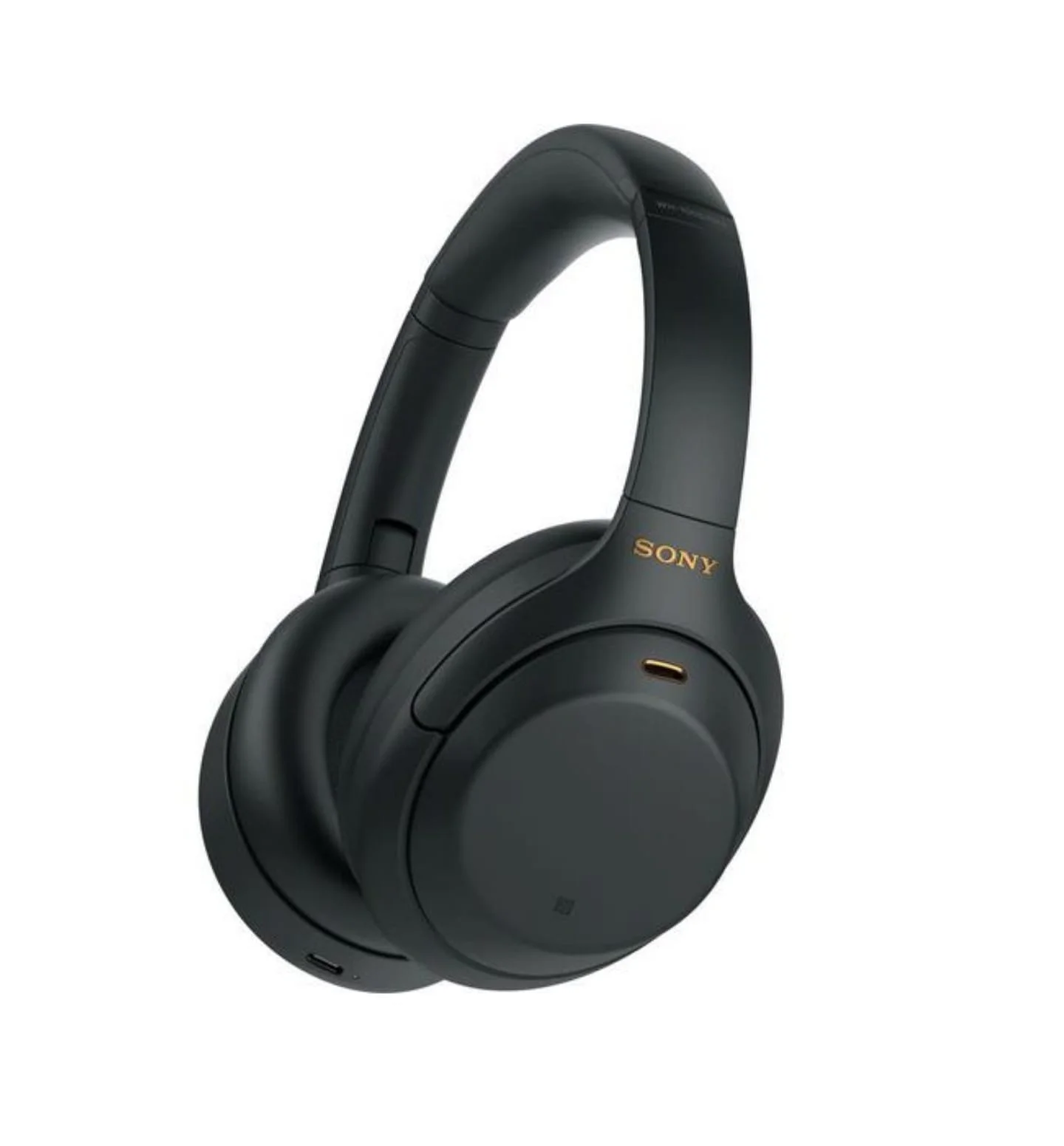 Black Sony wireless over-ear headphones with gold logo on the side.