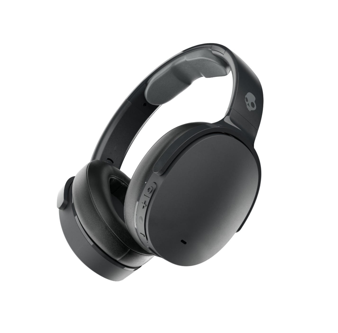 Black over-ear wireless headphones with control buttons on the side and a skull logo on the headband.