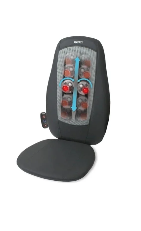 A massage chair with red balls and arrows indicating up and down movement for massage therapy.