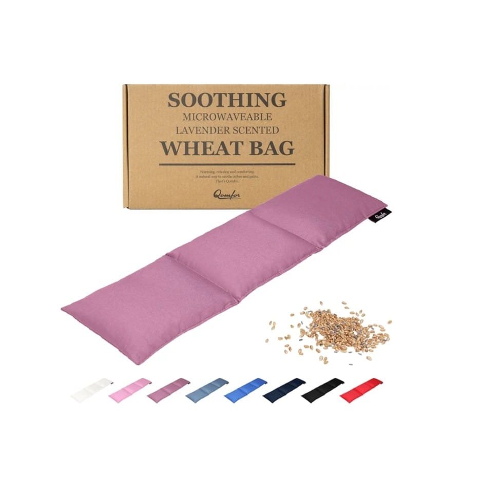 Lavender-scented microwaveable wheat bag with assorted color covers and a box labeled "Soothing Microwaveable Lavender Scented Wheat Bag."