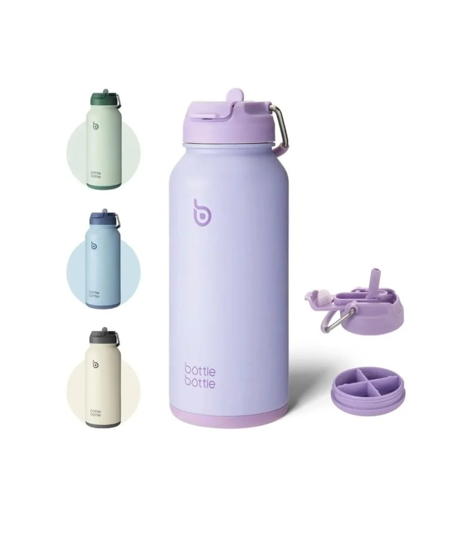 A set of four colorful reusable water bottles with different designs and accessories, including a lavender bottle in the center, surrounded by smaller bottles in pastel colors, along with removable caps and compartments.