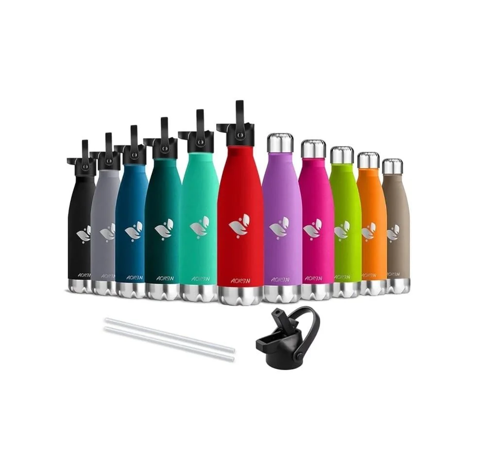 Set of colorful reusable water bottles with a black carrying clip and two white straws.