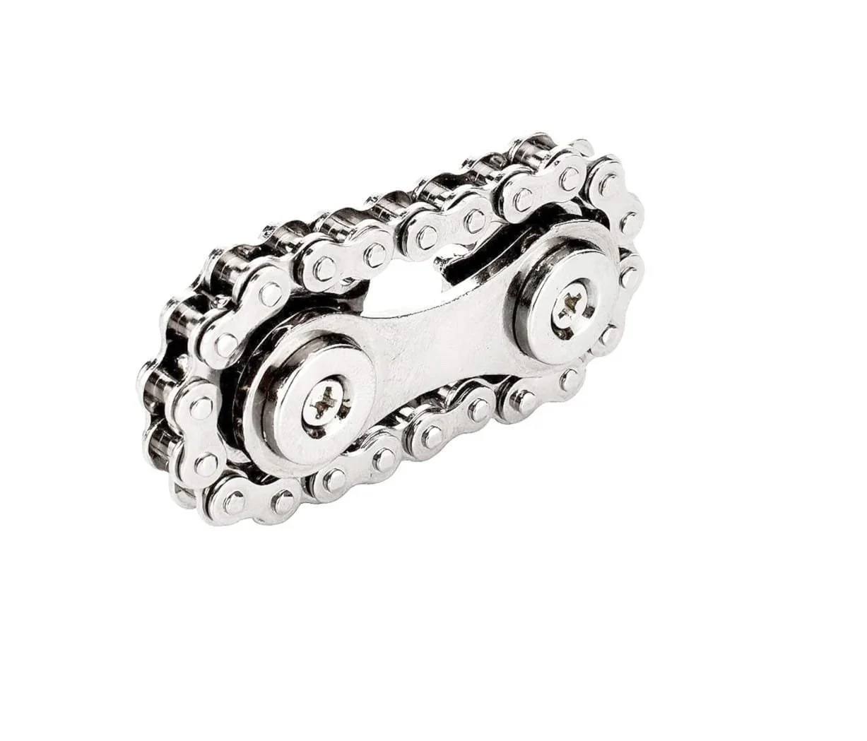 Close-up image of a metal bicycle chain with a metallic, shiny finish.