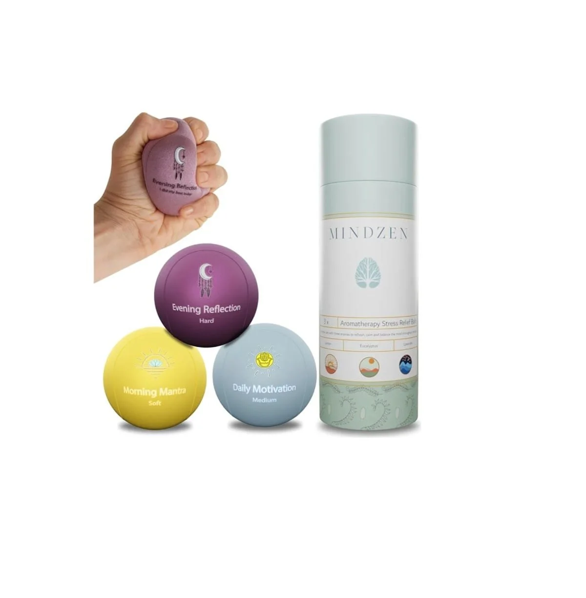 Collection of four aromatherapy products and accessories, including a purple stone labeled 'Evening Reflection,' a purple ball labeled 'Evening Reflection Hard,' a yellow ball labeled 'Morning Manta Soft,' and a blue ball labeled 'Daily Motivation Medium,' with a tall white cylindrical container labeled 'Mindzen' in the background.