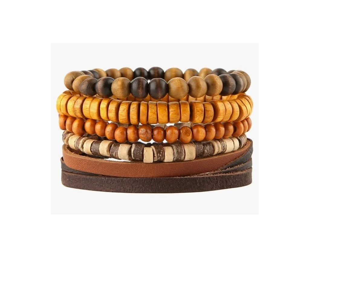 Variety of brown and beige beaded and leather bracelets stacked together.