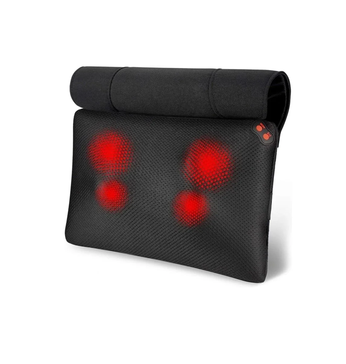 Black massage cushion with red heat zones and adjustable straps.