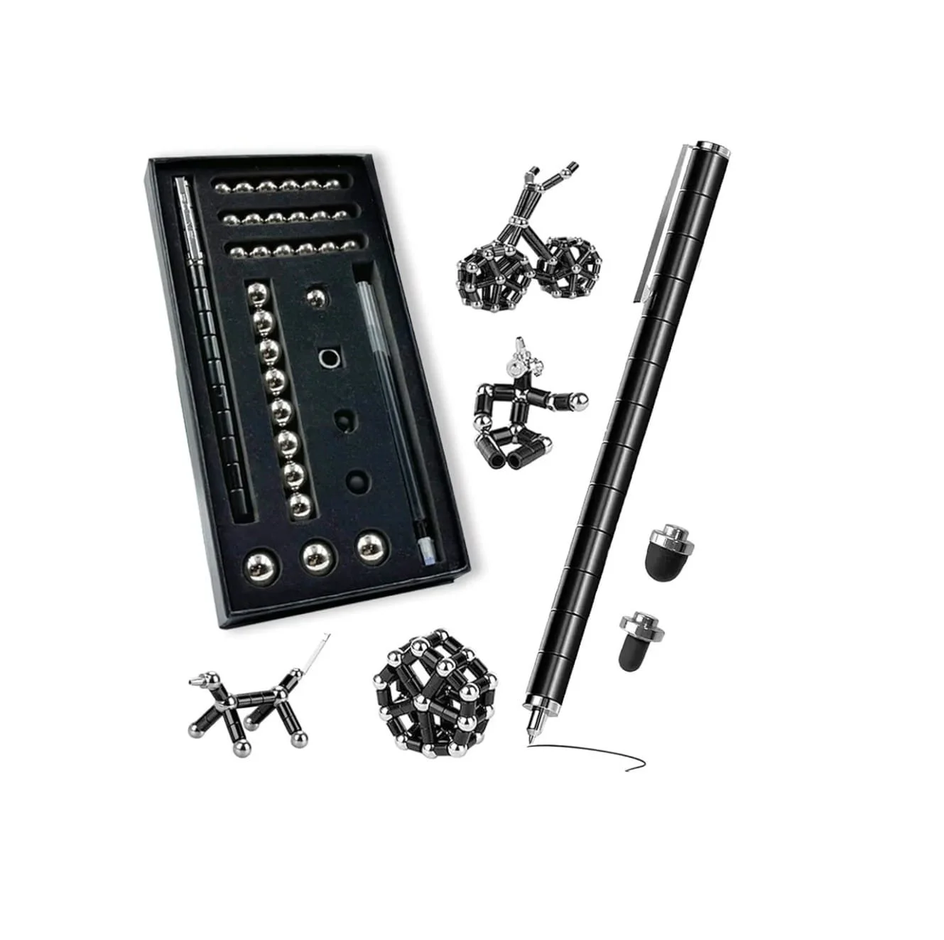 Magnetic sculpture set with various small metal balls, rods, and connectors, along with a black precision pen and two black rubber-tipped tools, arranged on a white surface.