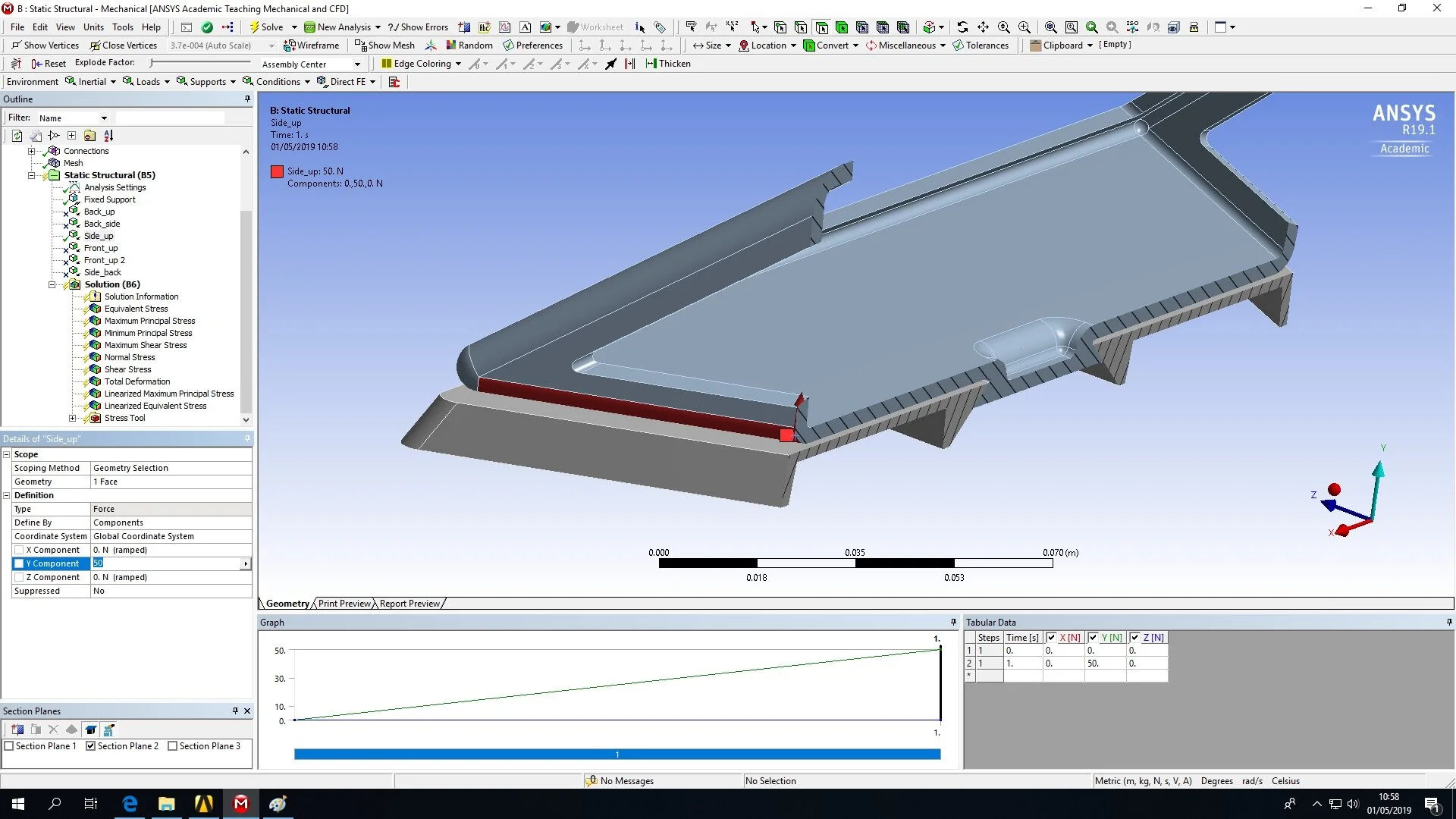 Further to this project I conducted static stress analysis in Ansys to assess the strength of the dovetail element connecting the upper and lower sections.
Loads were applied in various locations to assess damage. This concluded that the dovetail ne