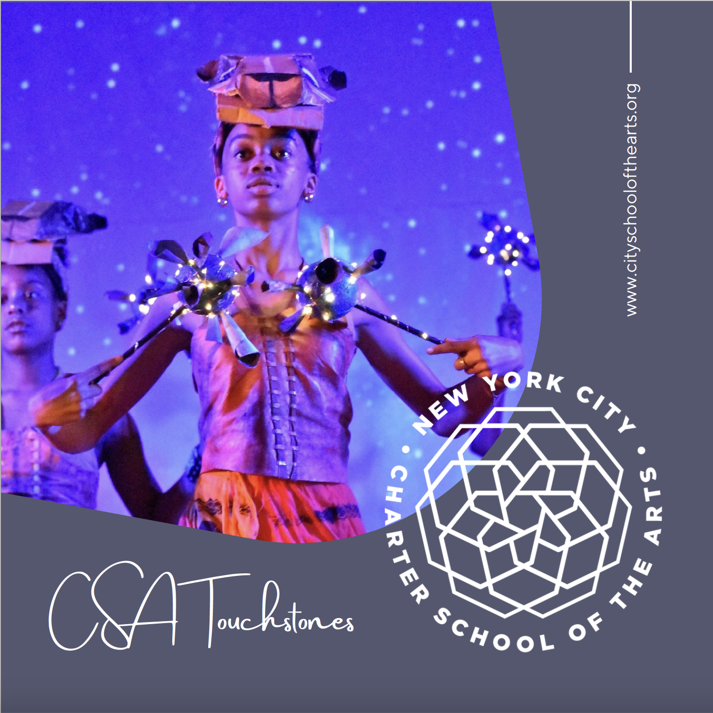 Young performers in colorful costumes on stage, with one girl balancing a paper bag on her head, holding a metallic watering can and stick with lights, against a starry purple background, promoting charity for the New York City Charter School of the Arts.