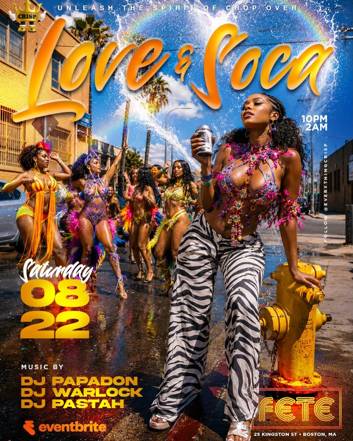 Official "LOVE &amp; SOCA" Flyer Design 
August 22, 2026 &bull; 10PM - 2AM
 🔗🎟️🥂 @everythingcrisp @feteonkingston 
&bull;
&bull; 
#loveandsoca #nightlife #fete #graphicdesign #everythingcrisp