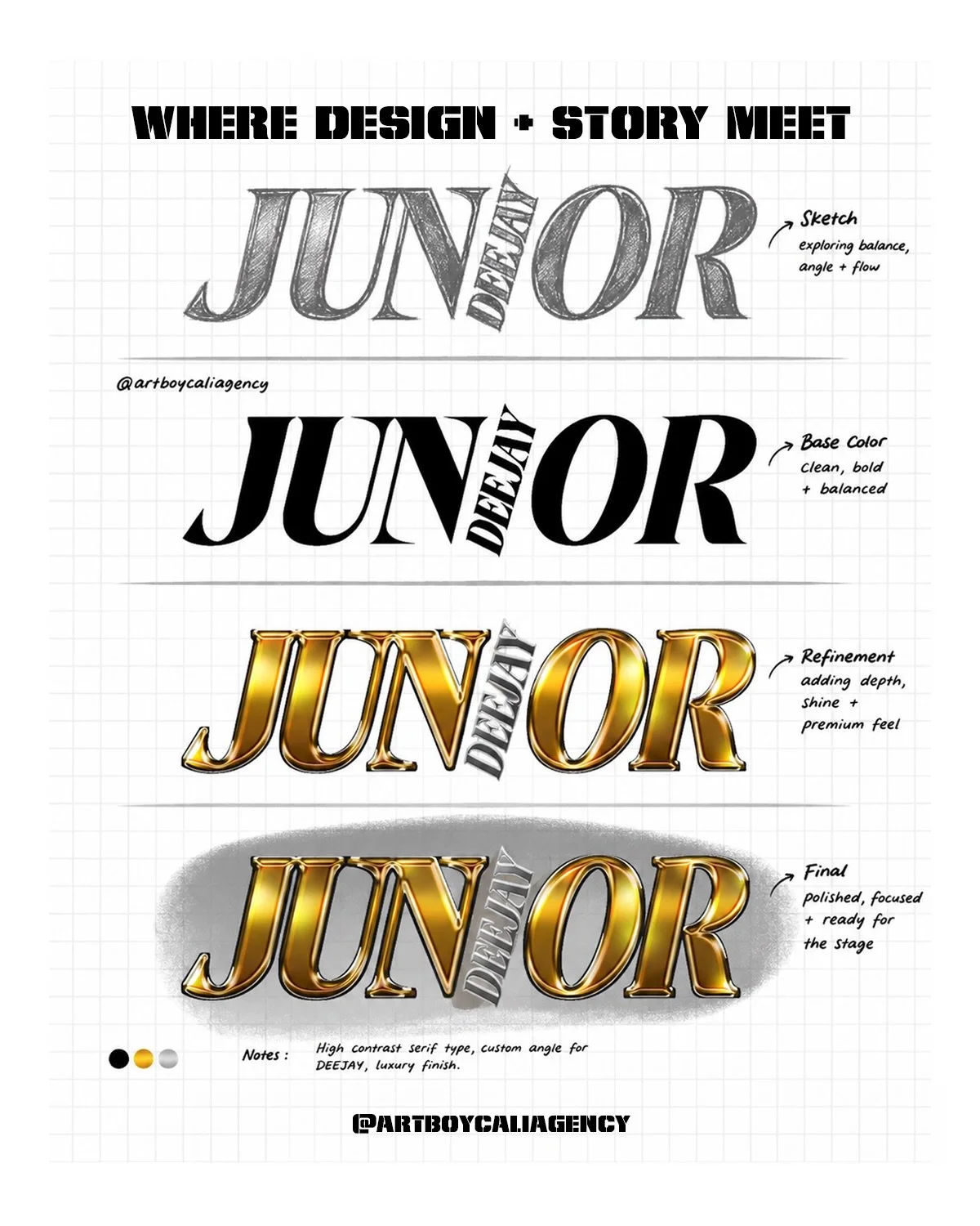 WHERE DESIGN + STORY MEET. 🎧✍🏾

The Deejay Junior identity started with one idea:
create a logo that feels like motion, music, and presence. cc: @junior_ss12 

From rough sketches &rarr; refined typography &rarr; premium gold execution, every detai