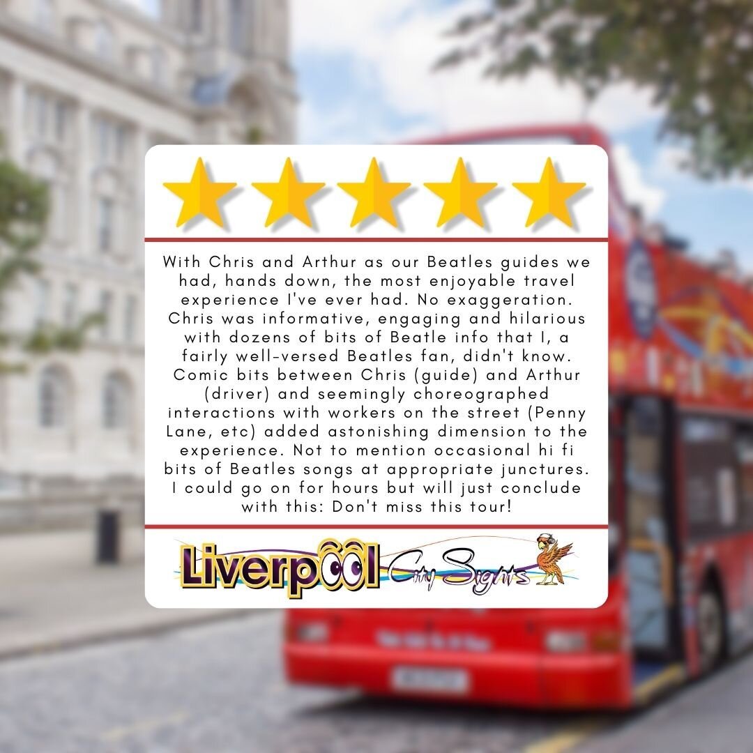 Another 5 ⭐ review for guide Chris and driver Arthur 👏

We thrive on your feedback! 🥰

Book our award-winning City and Beatles tour now via our website - link in bio!
.
.
.⁣⁣
#liverpool #livcitysights #beatles #thebeatles #beatlestour #citytour #vi