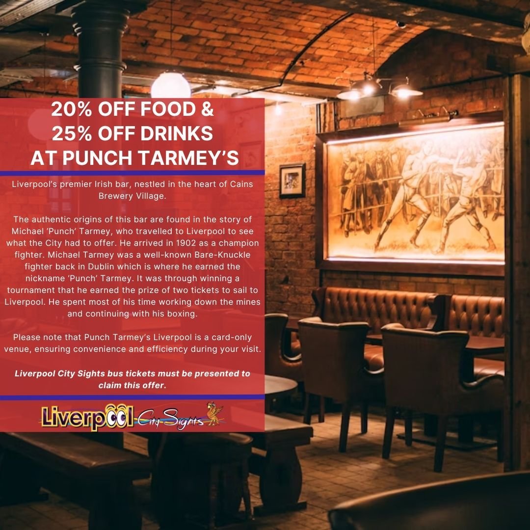 🎉 Get ready to paint the town green! 🍀 Flash your Liverpool City Sights bus ticket for a whopping 25% OFF drinks and a tasty 20% OFF food at Punch Tarmey's Irish Bar! 🍻 Let's turn your tour into a taste-filled adventure! 🚌🍻🍔

Book now using the
