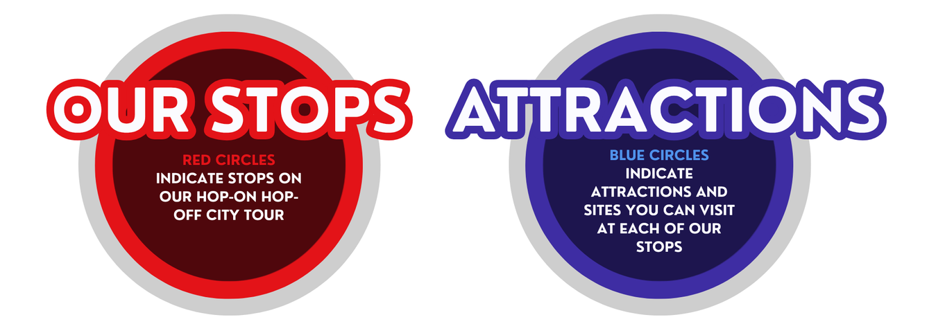 An infographic comparing our stops and attractions. The left side has a red circle labeled "Our Stops" with text indicating red circles mark stops on a hop-on, hop-off city tour. The right side has a blue circle labeled "Attractions" with text indicating blue circles mark attractions and sites to visit at each stop.