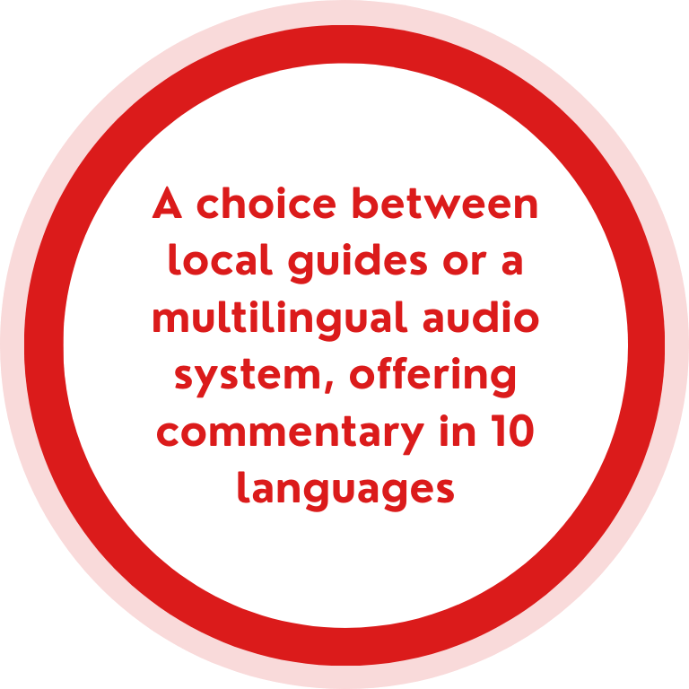 A circular graphic with a red border and white center that states: "A choice between local guides or a multilingual audio system, offering commentary in 10 languages" in red text.