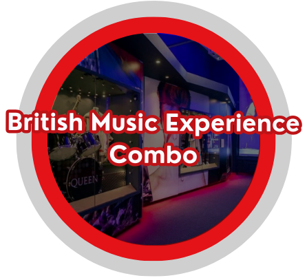 Sign with red circle outline reading 'British Music Experience Combo' in front of a music exhibit and colorful stage lighting.
