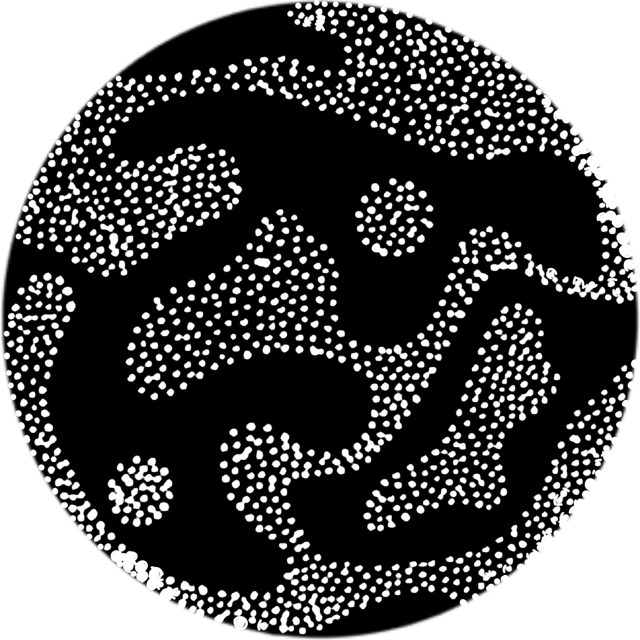 A dotted illustration of a smiley face with glasses on a black background.