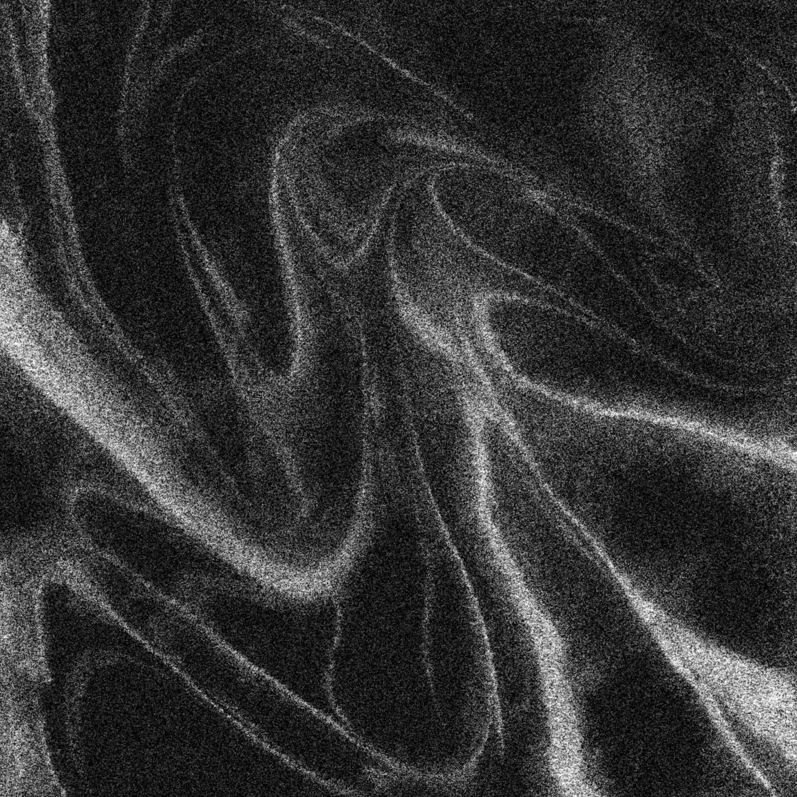 Abstract black and white swirling pattern with textured, grainy appearance.