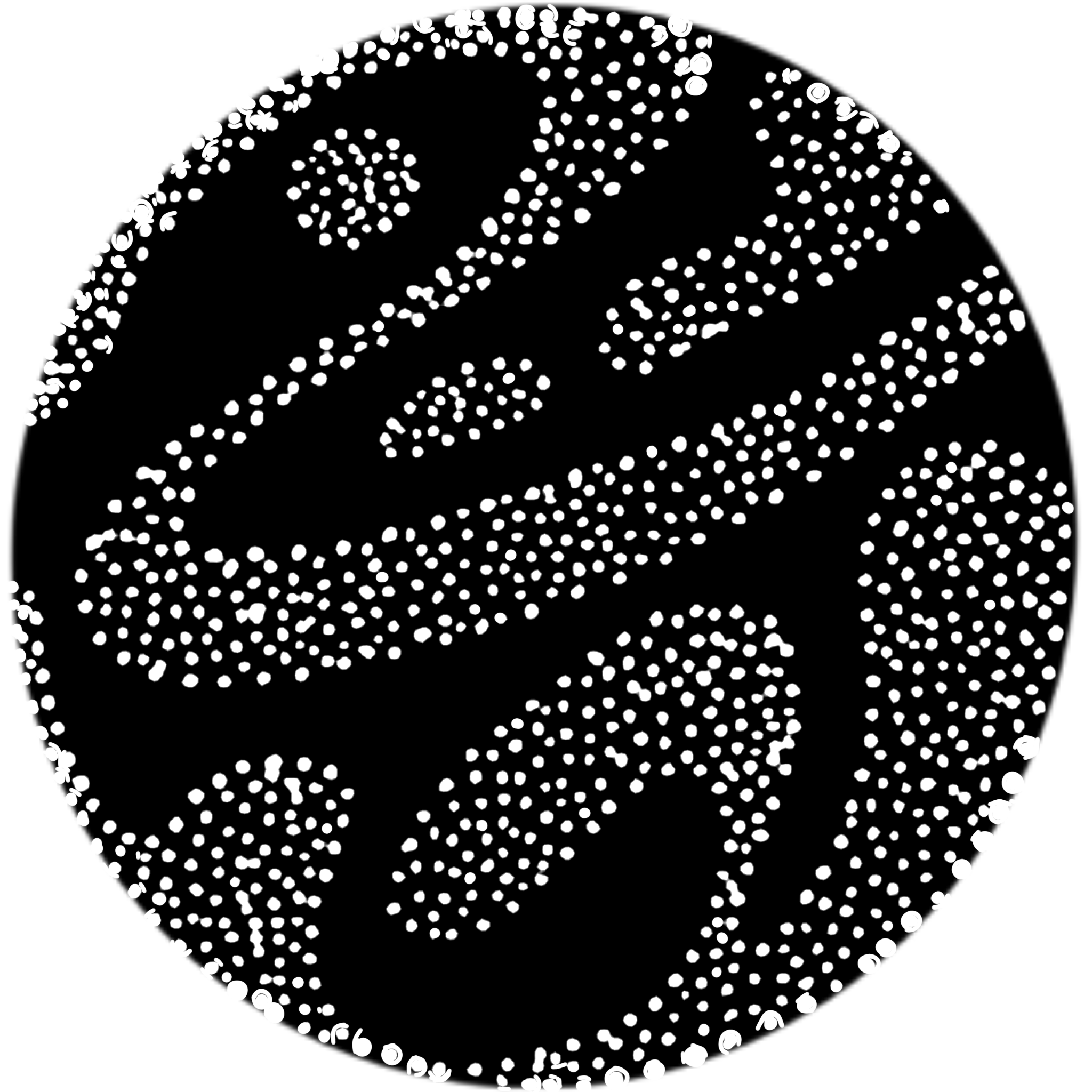 A stylized skull made up of small white dots on a black background.