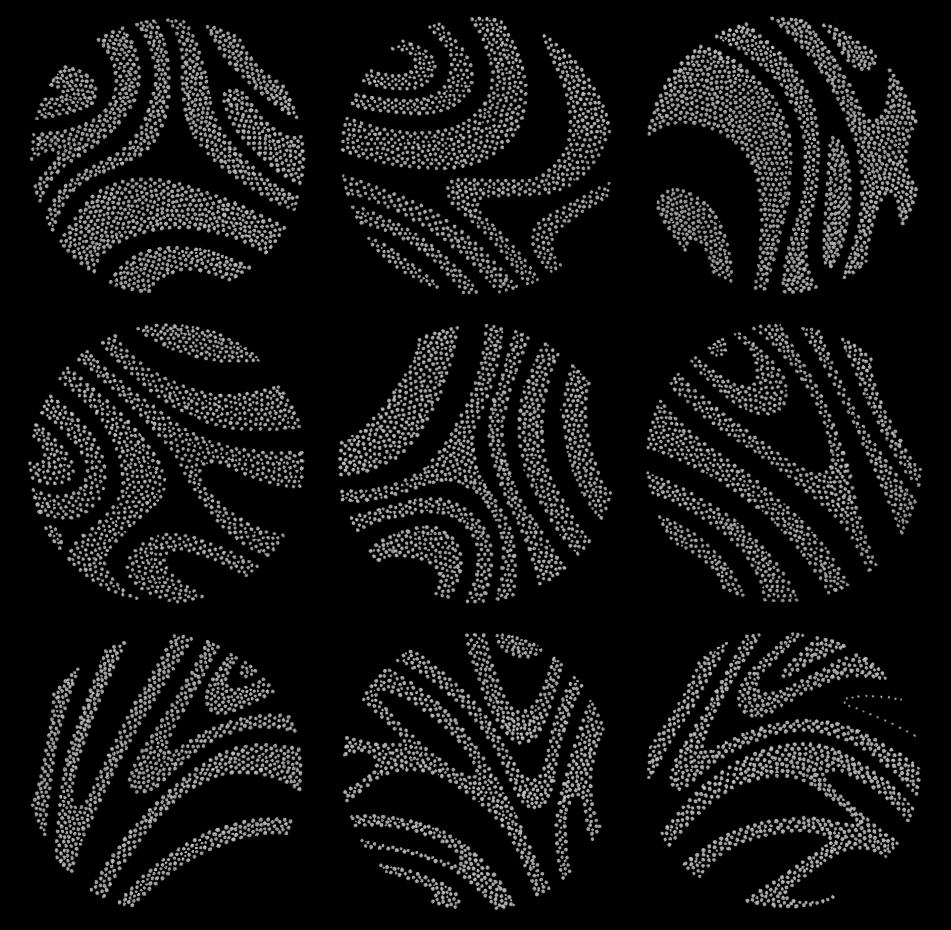 Black background with white dotted swirling and leaf-like patterns.