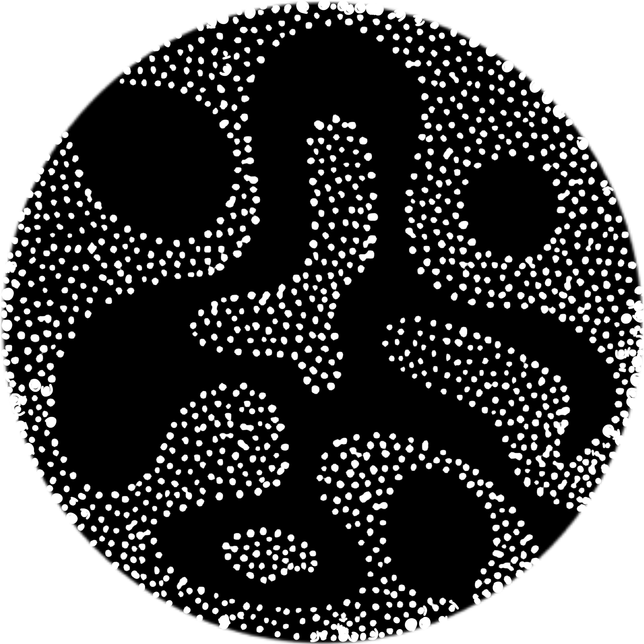 A digital illustration of a skull made up of numerous small white dots on a black background.