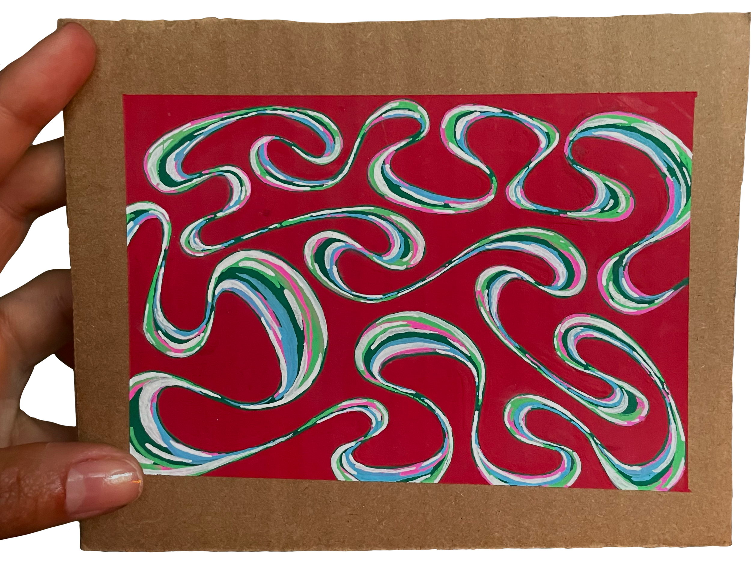 Colorful abstract art with swirling lines in green, white, blue, pink, and purple on a red background, framed by a cardboard border.