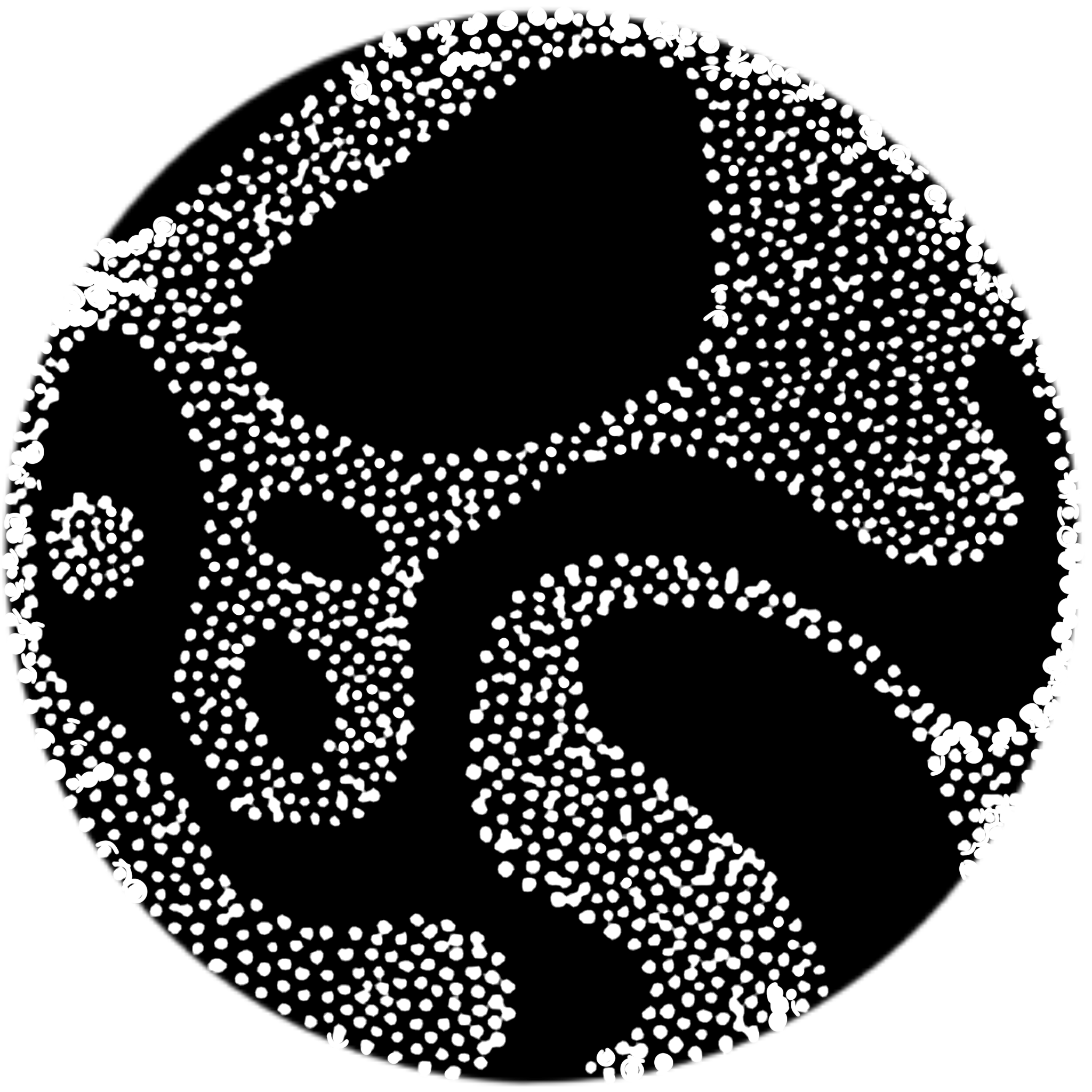 Black background with a white dotted illustration of a face mask.