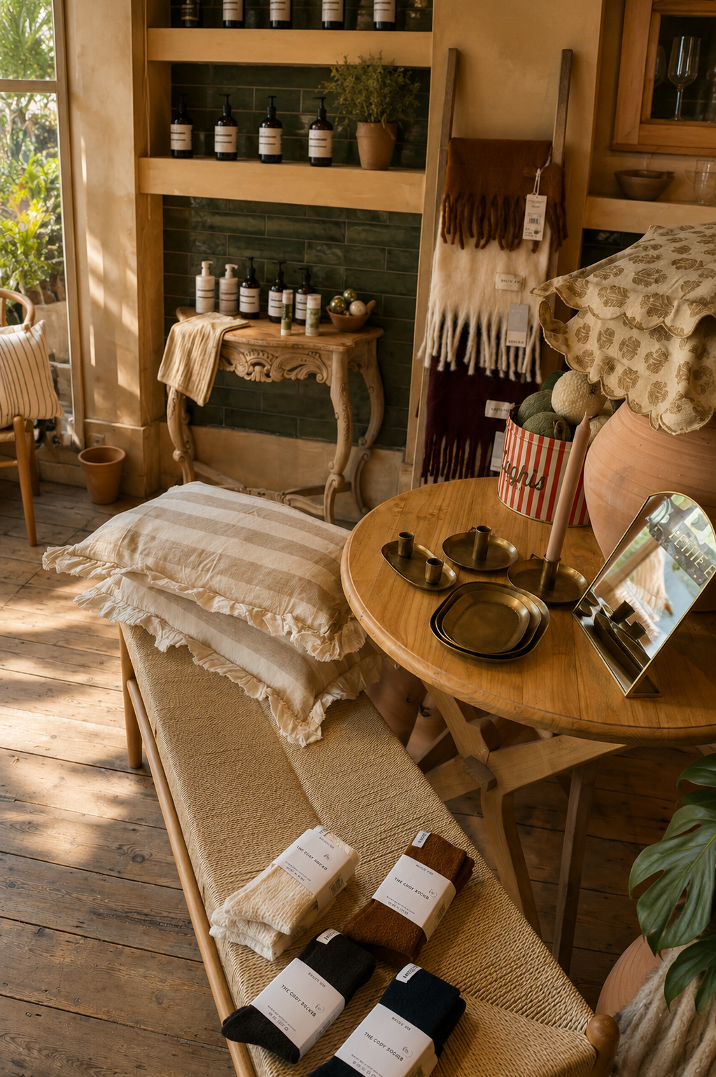 A cozy boutique display with skincare products on a small ornate table, decorative pillows on a wooden bench, and various home accessories including candles and a blanket, all in warm natural tones.