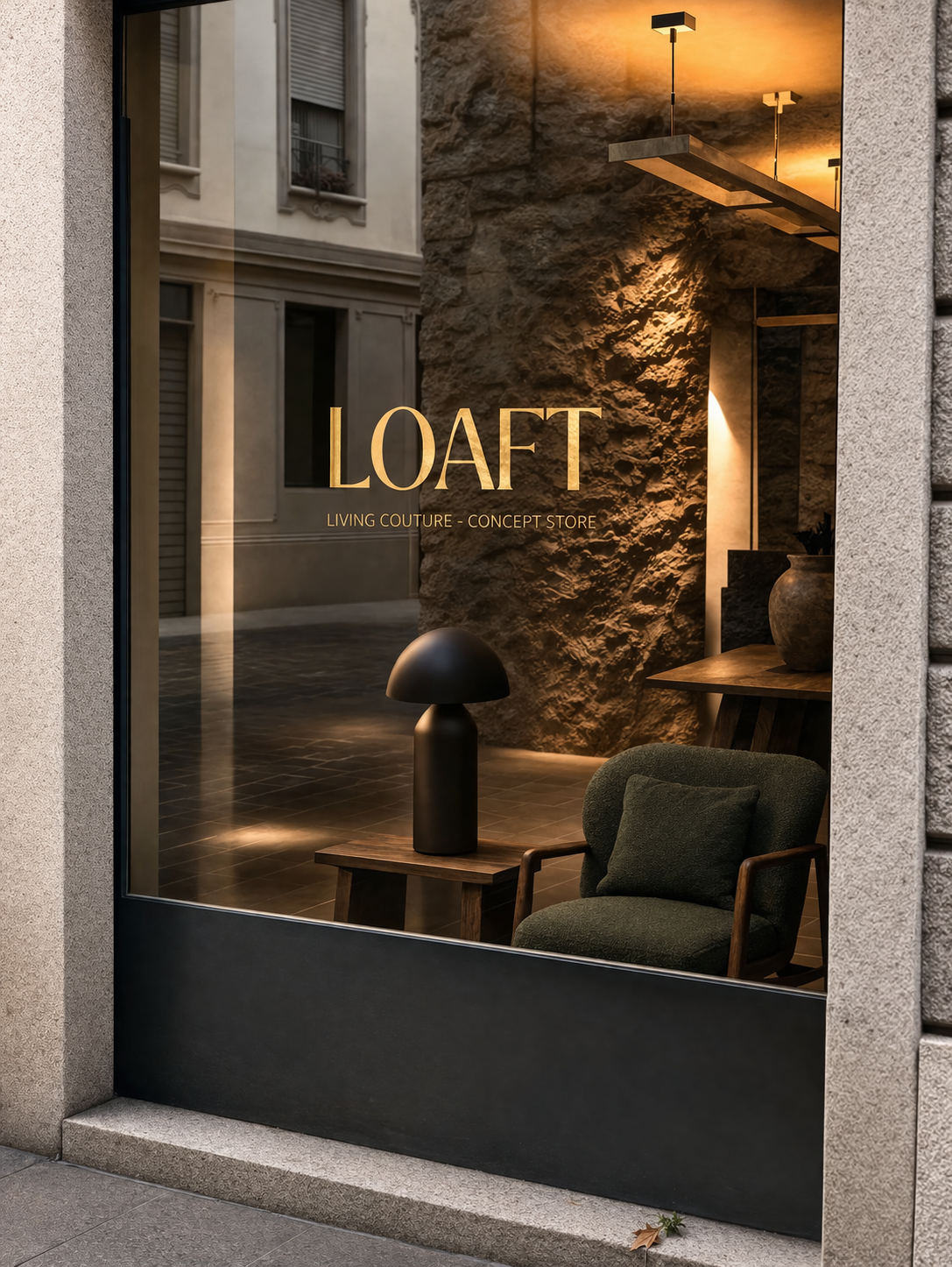 Storefront window display for LOAFT, a concept store focused on living couture, featuring a modern interior with a green armchair, a black table lamp, a wooden table, and a textured stone wall with warm lighting in Lake Como Italy