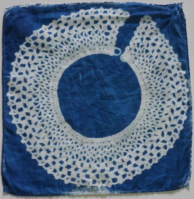 cyanotype of lace collar on linen