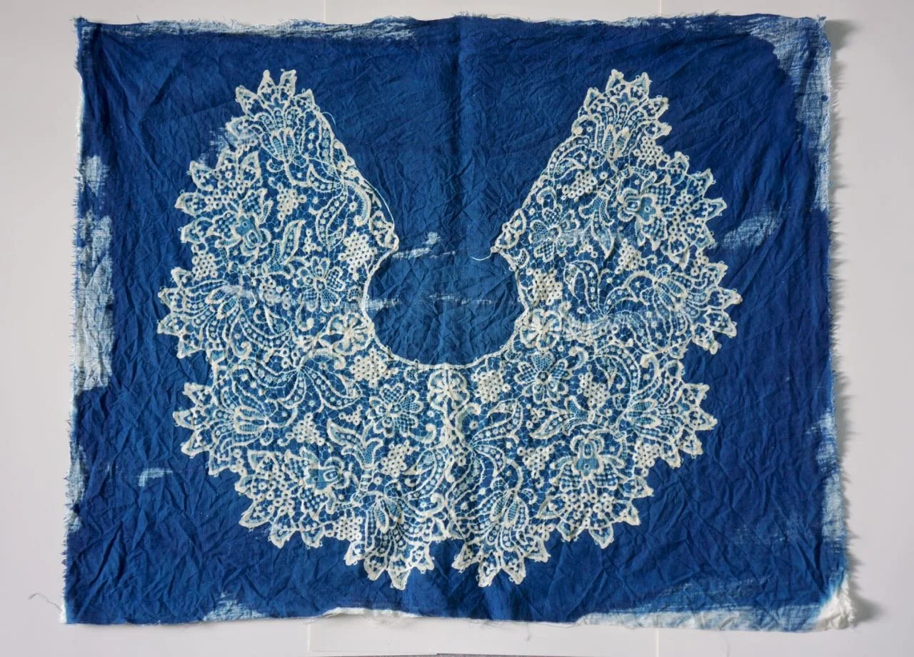 cyanotype of lace collar on linen
