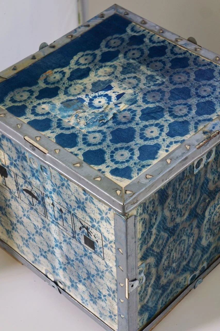 cyanotype of lace on wooden storage box
