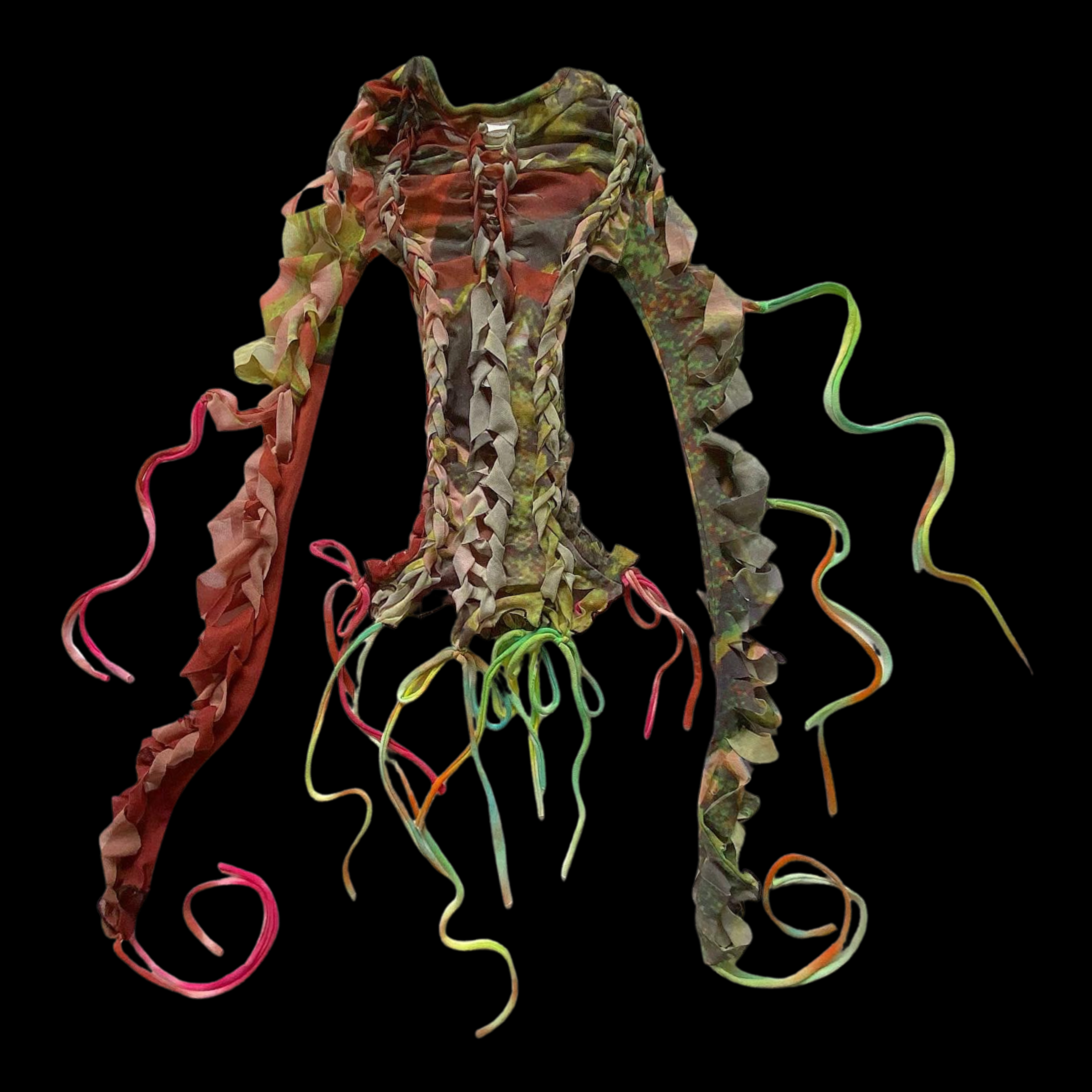 Colorful, twisted fabric ribbons arranged to resemble an abstract humanoid figure against a black background.