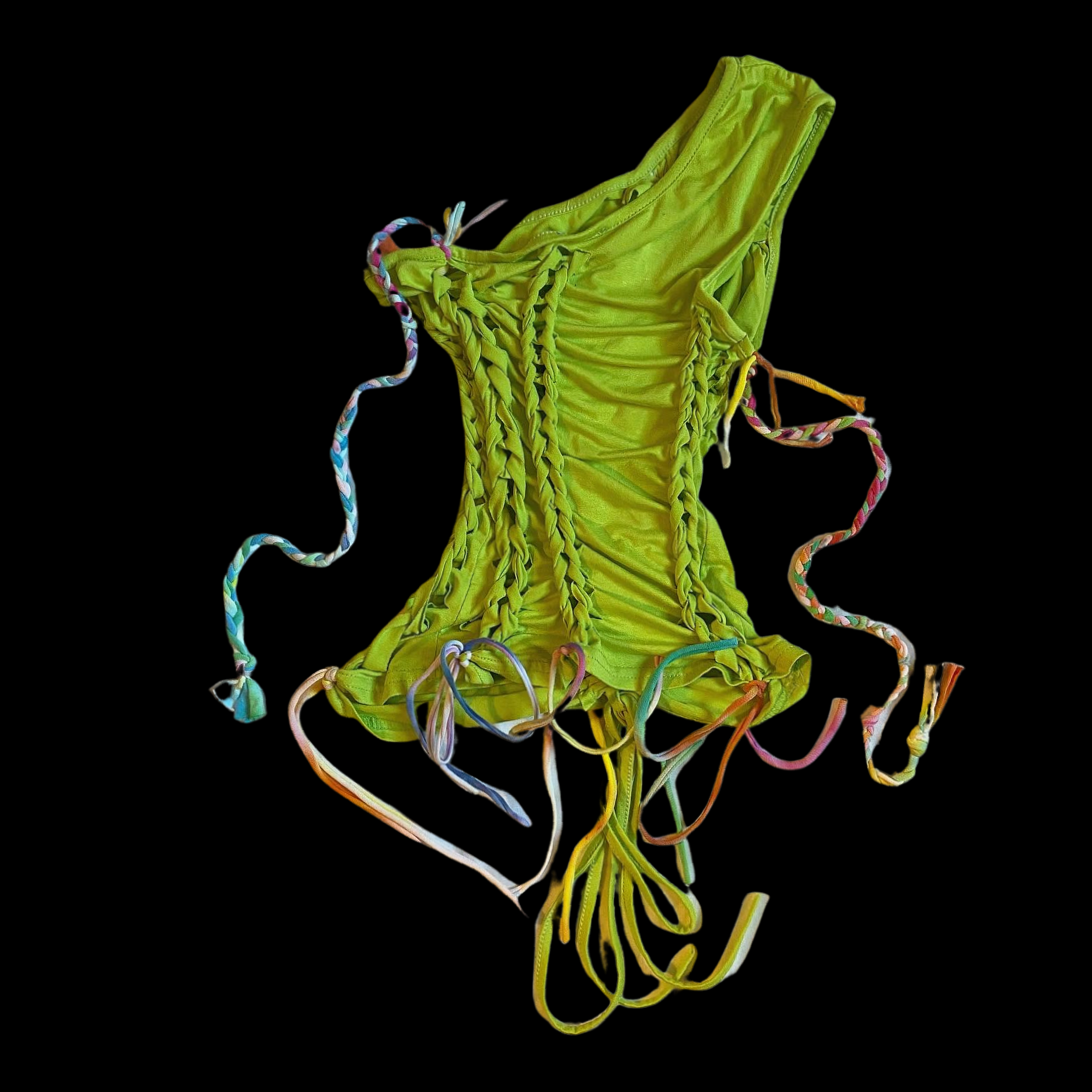 A bright yellow corset with multicolored laces and matching ribbons against a black background.